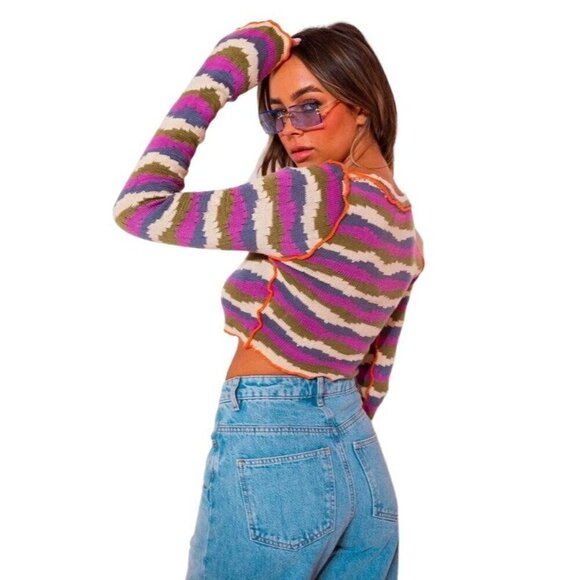 NWOT Grace Sweater Striped Knit Cropped Boho Hippie Women's Size Small - Picture 3 of 10